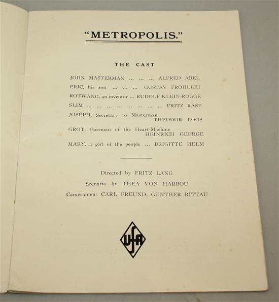 Metropolis film programme 1927. The Metropolis Magazine, Wardour Films Ltd,